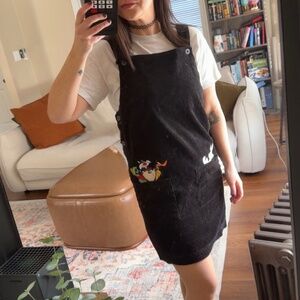 Vintage 90s Y2K Warner Brothers Looney Tunes Black Corduroy Overall Mini Dress